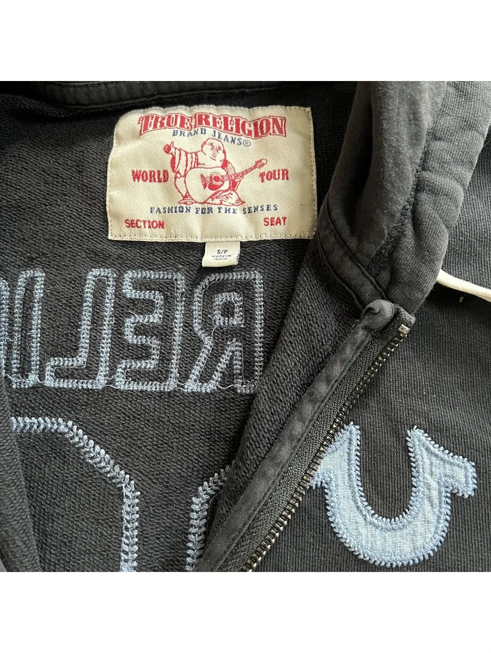 True Religion Stitched Jersey Style Full Zip Hoodie Sweater Small Streetwear Y2k